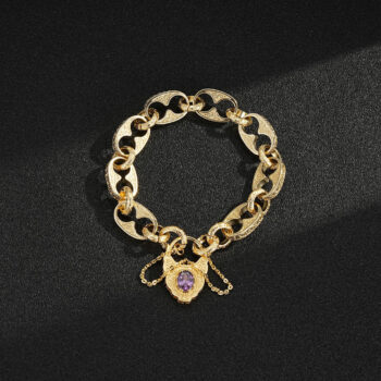 Gold Button Belcher Bracelet with Vintage Purple Padlock