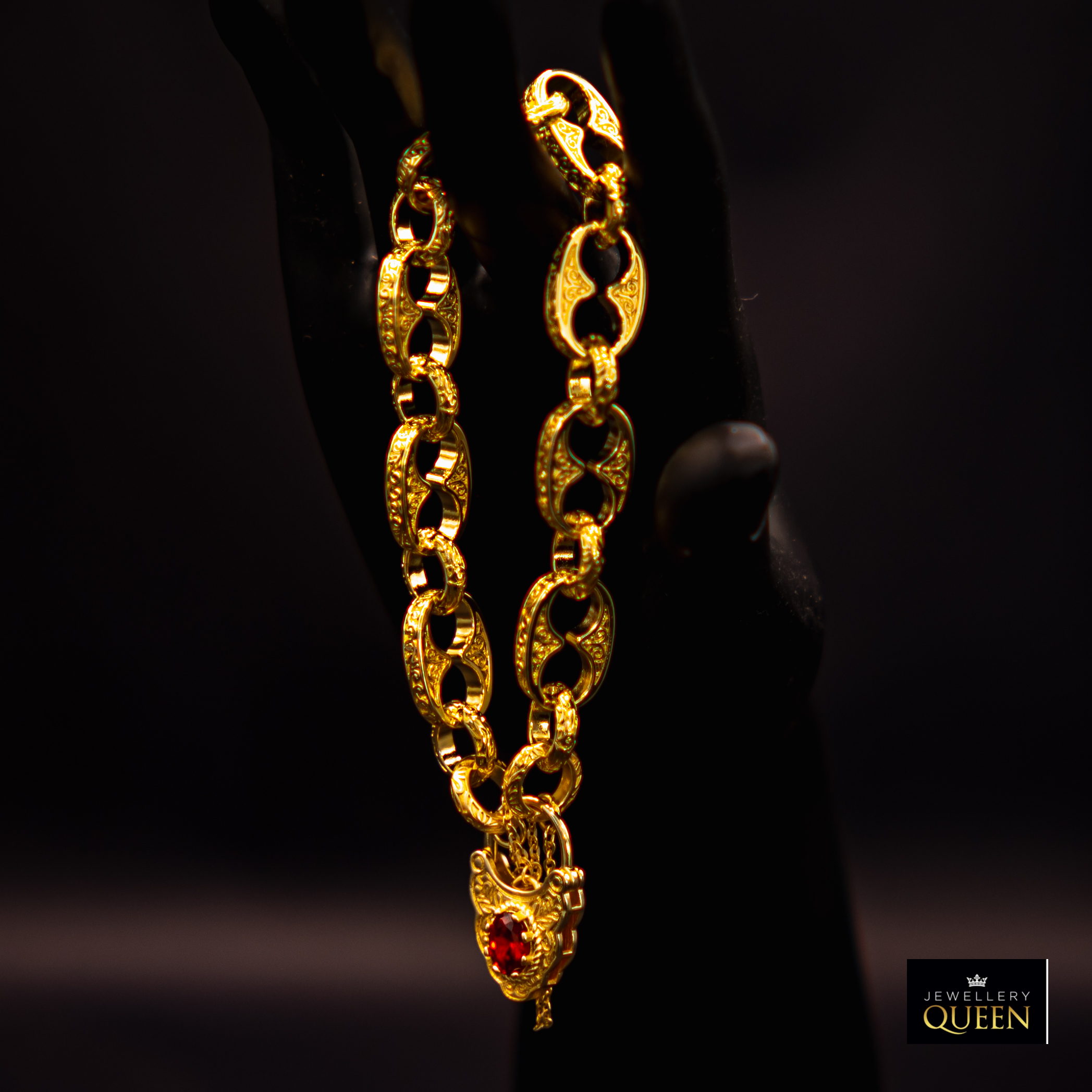 Premium Gold-Filled Vintage Gold Button Lock Bracelet – Red Stone