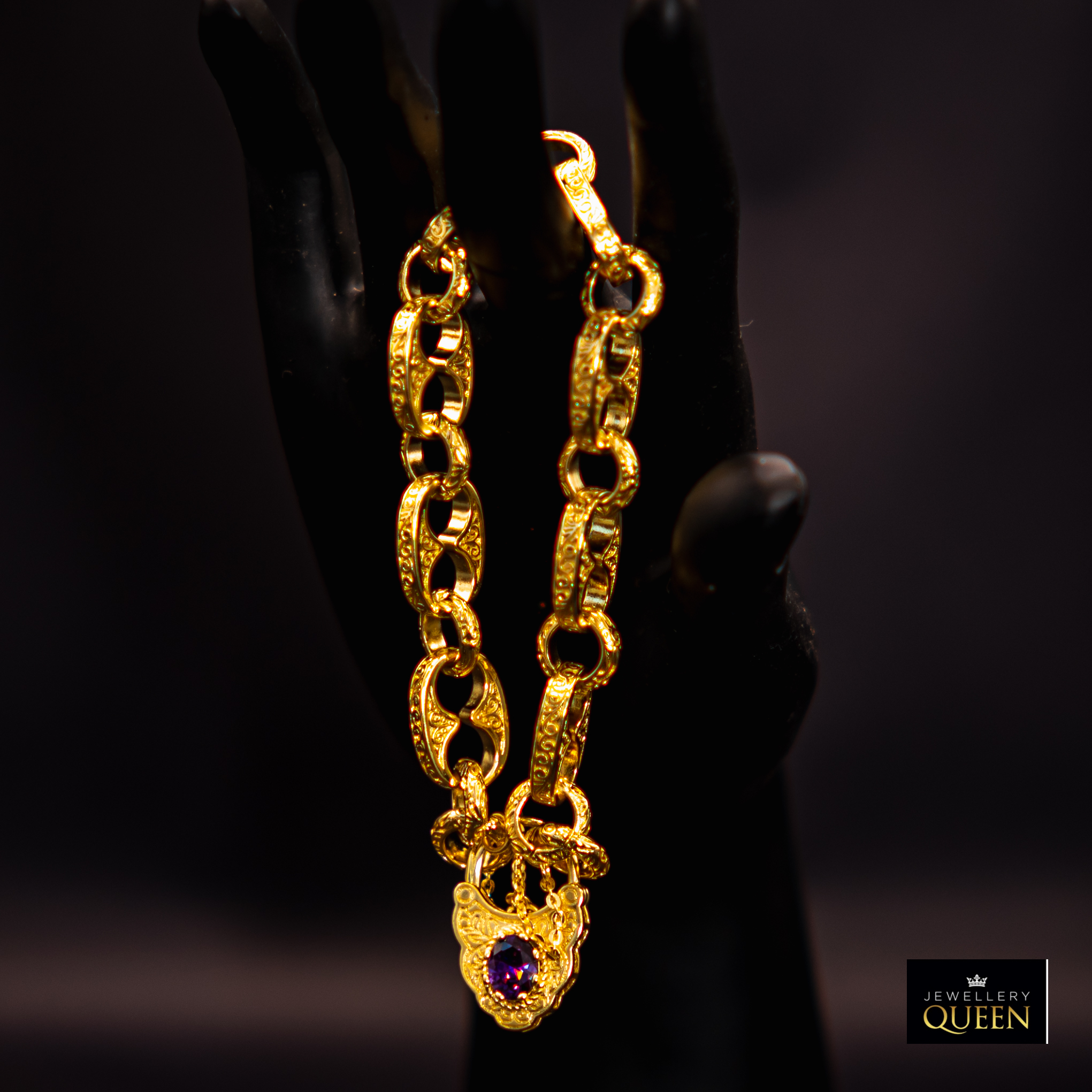 Premium Gold-Filled Vintage Gold Button Lock Bracelet – Purple Stone