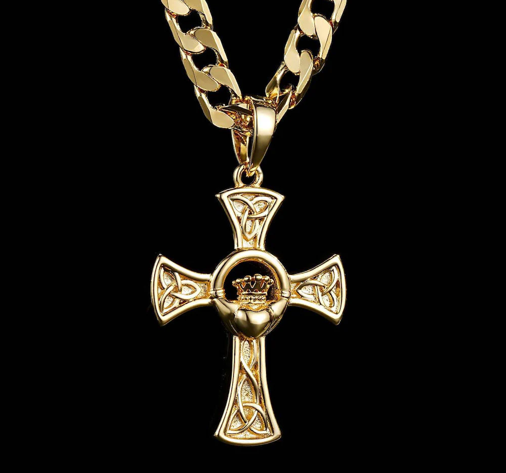 Gold-Filled Premium Celtic Claddagh Cross Pendant with 22-Inch 6mm Cuban Chain
