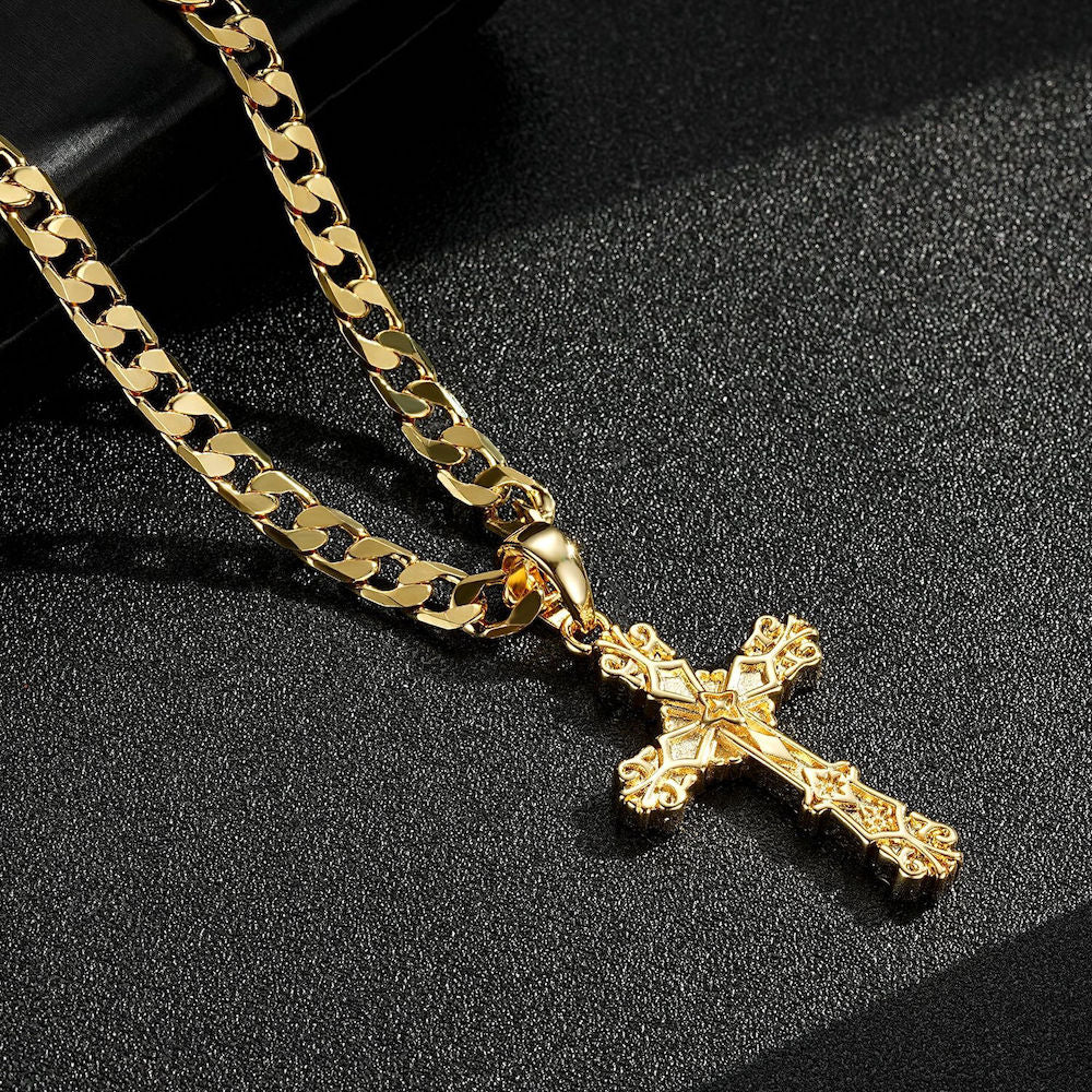 Premium Gold-Filled Filigree Lattice Cross Pendant with Deluxe 4mm 22-Inch Chain