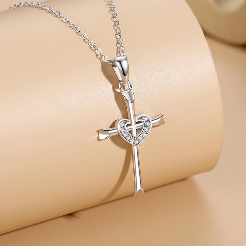 Silver Heart Cross Pendant and Chain