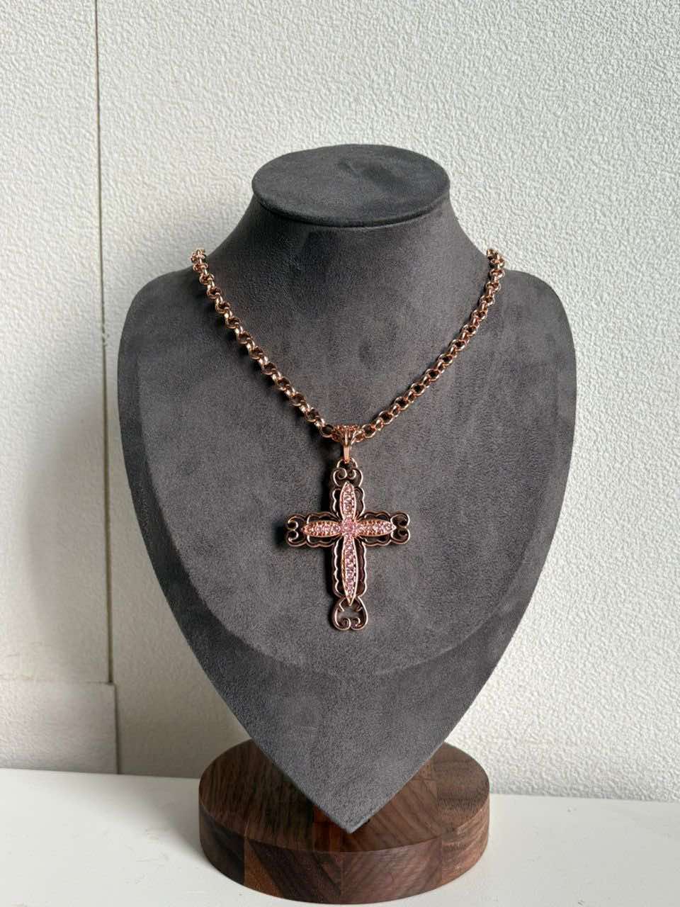5mm Cross Pendant Necklace with Pink Stones