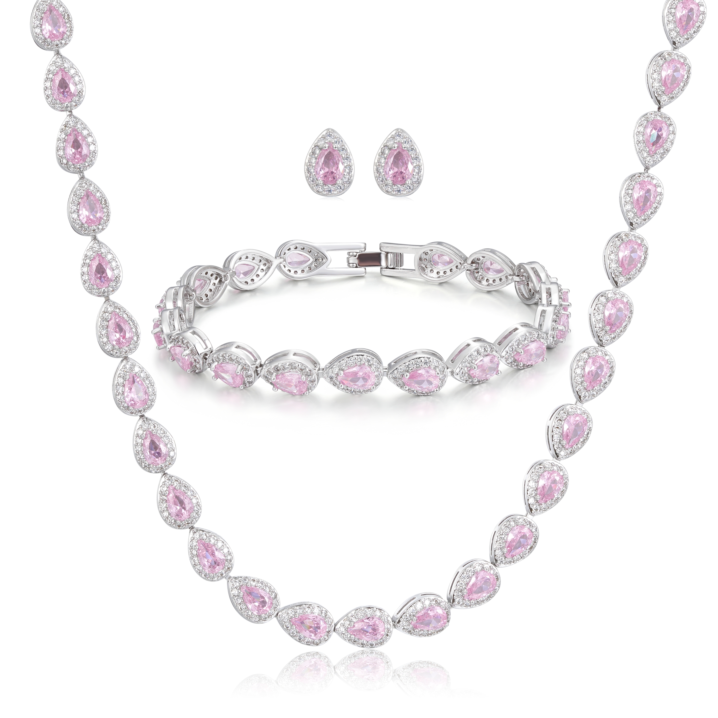 NEW – Silver Pink Teardrop Tennis Set – Rhodium Plated