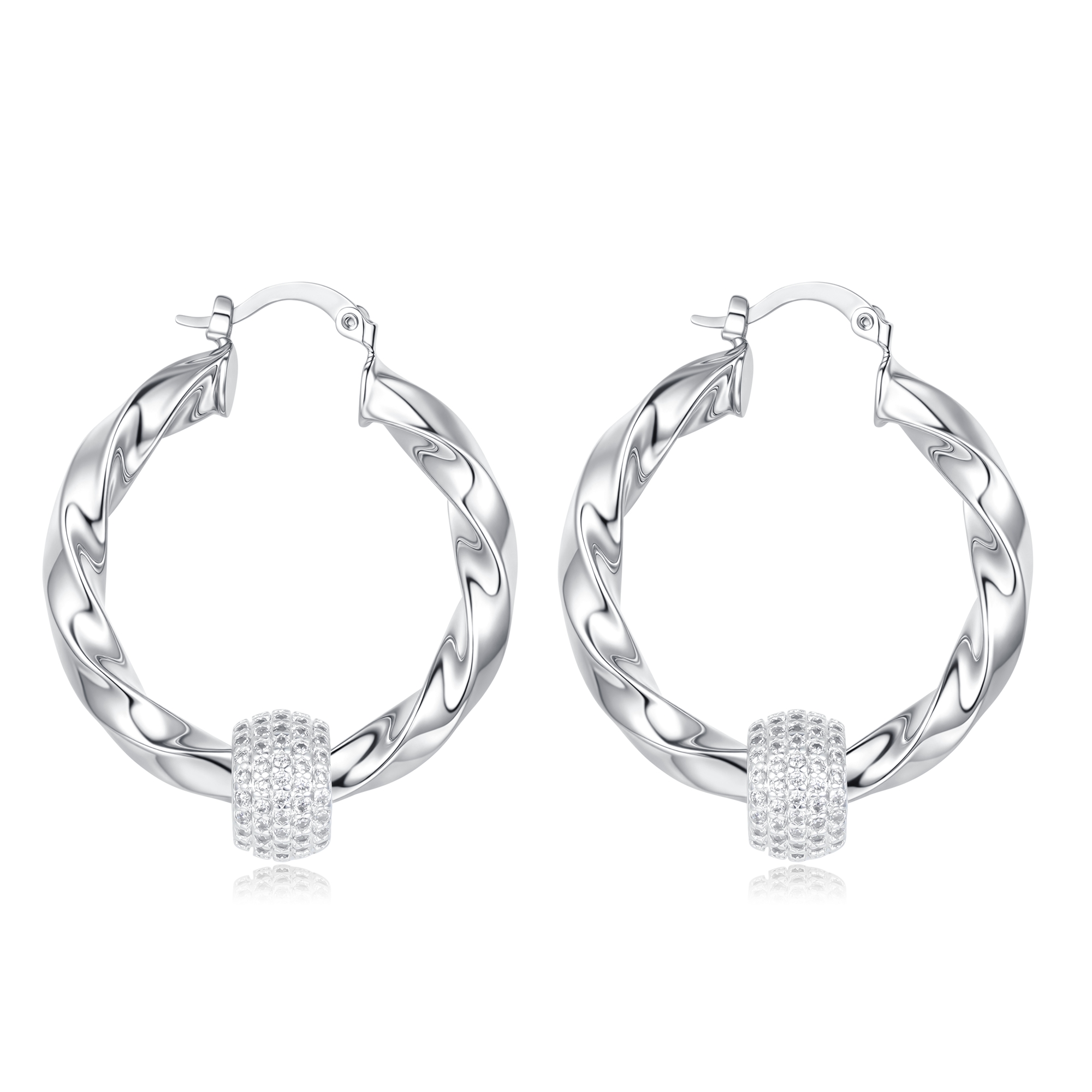 New Premium Twisted Ball Hoops – 35mm – Rhodium Plated