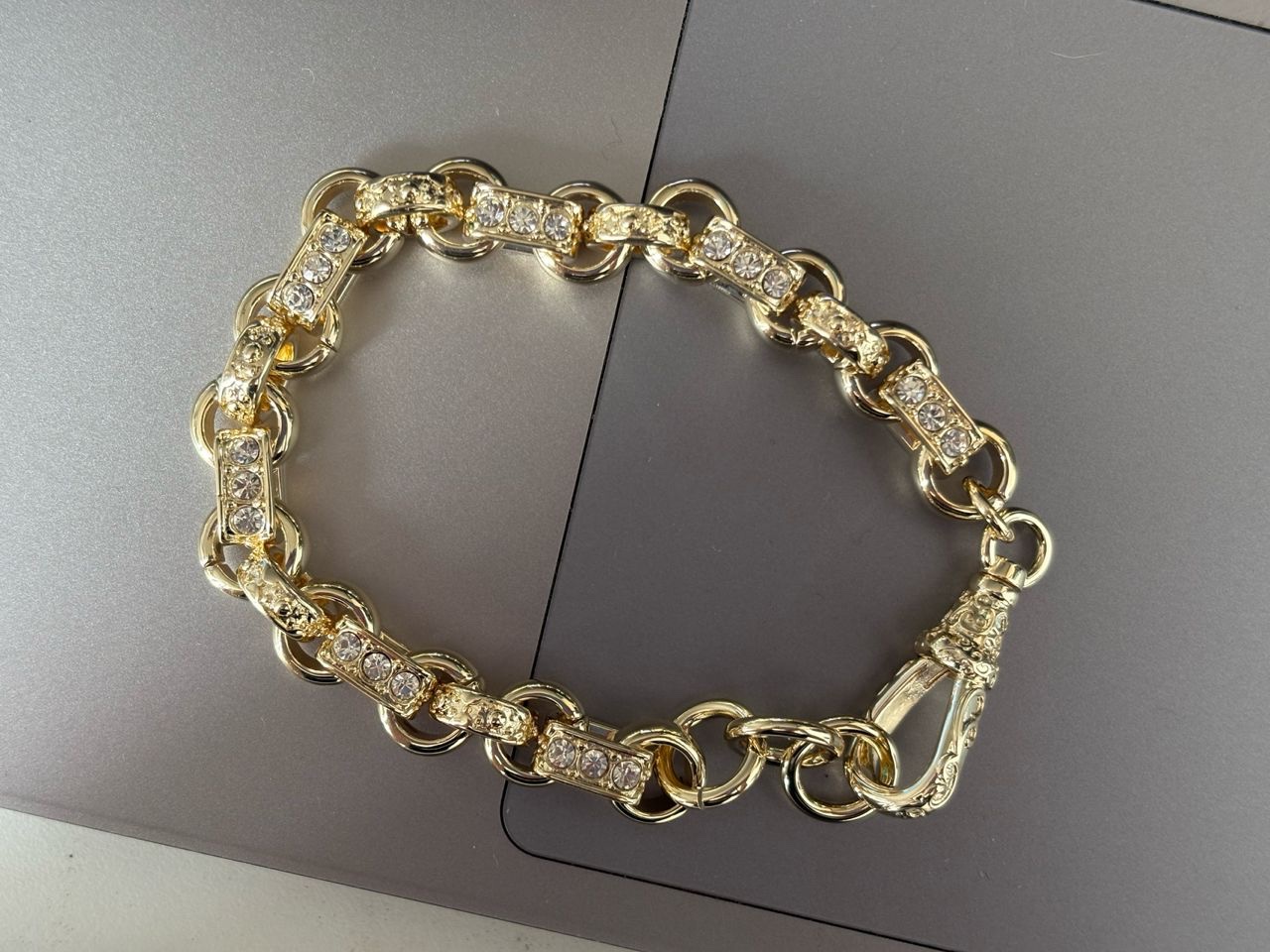 3 stone Gypsy belcher link bracelet clear stone – 9 ct gold filled