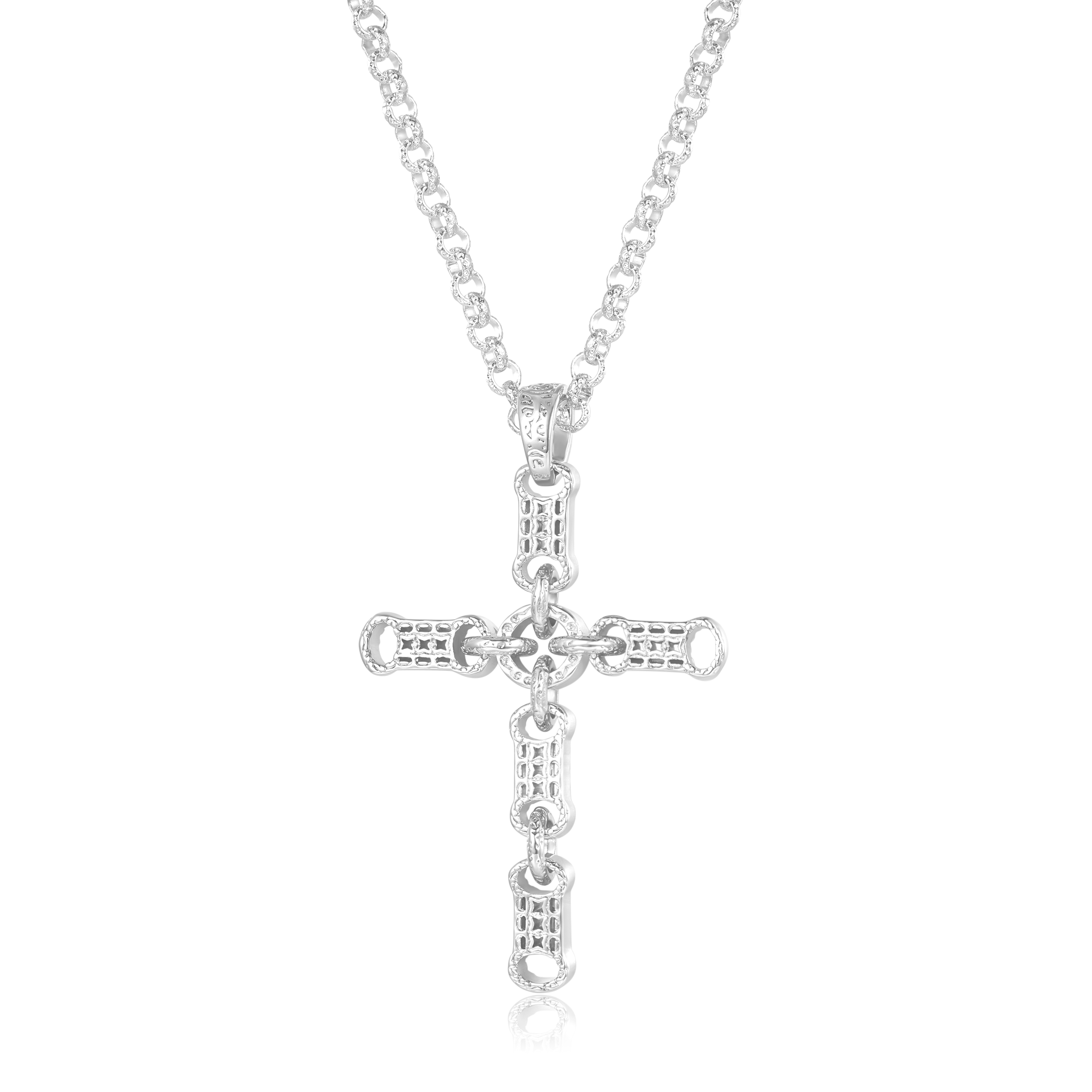 Stars and Bars Cross Pendant with 4mm Belcher Chain – Rhodium Plated
