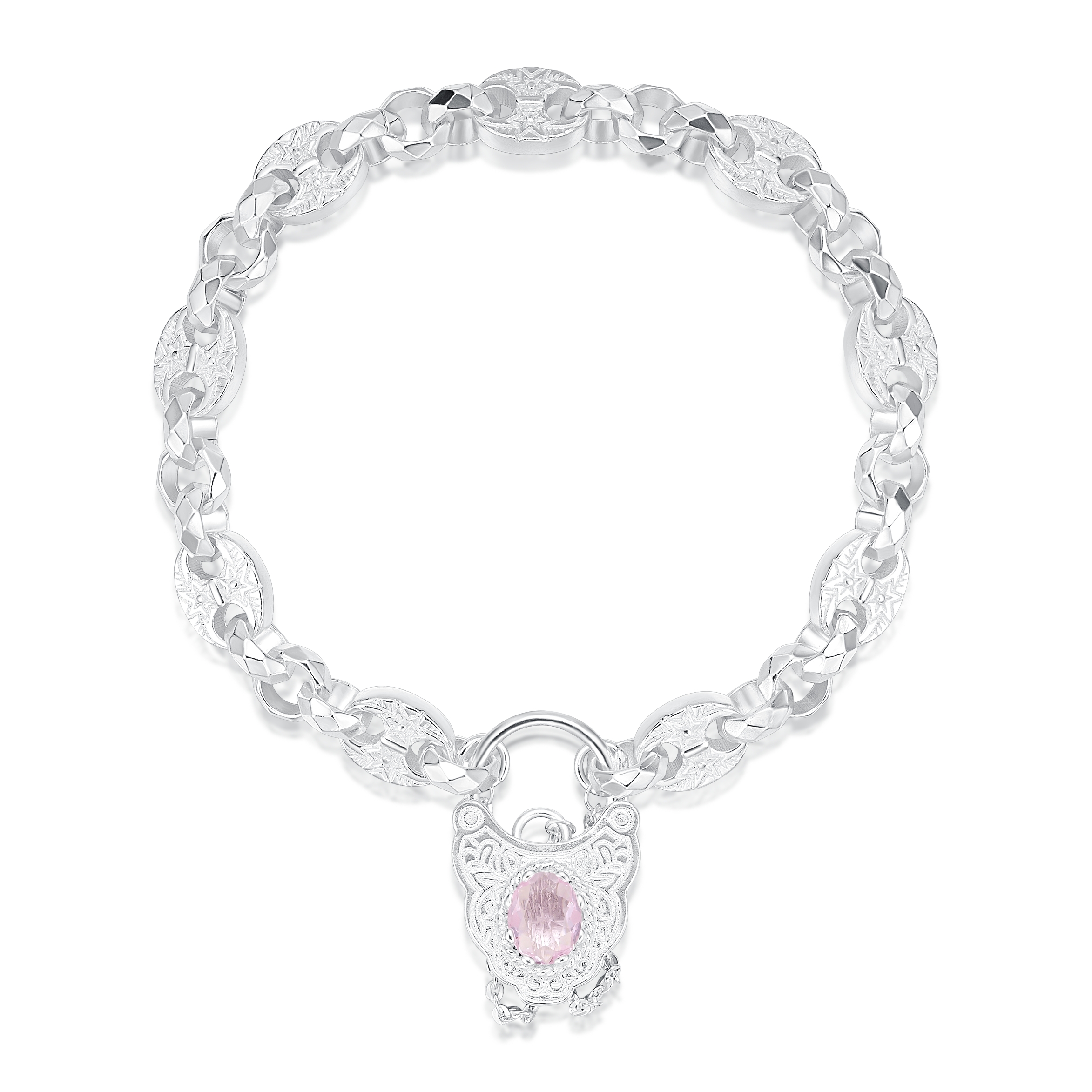 Premium Silver Button Lock Bracelet with Vintage Pink Stone Lock