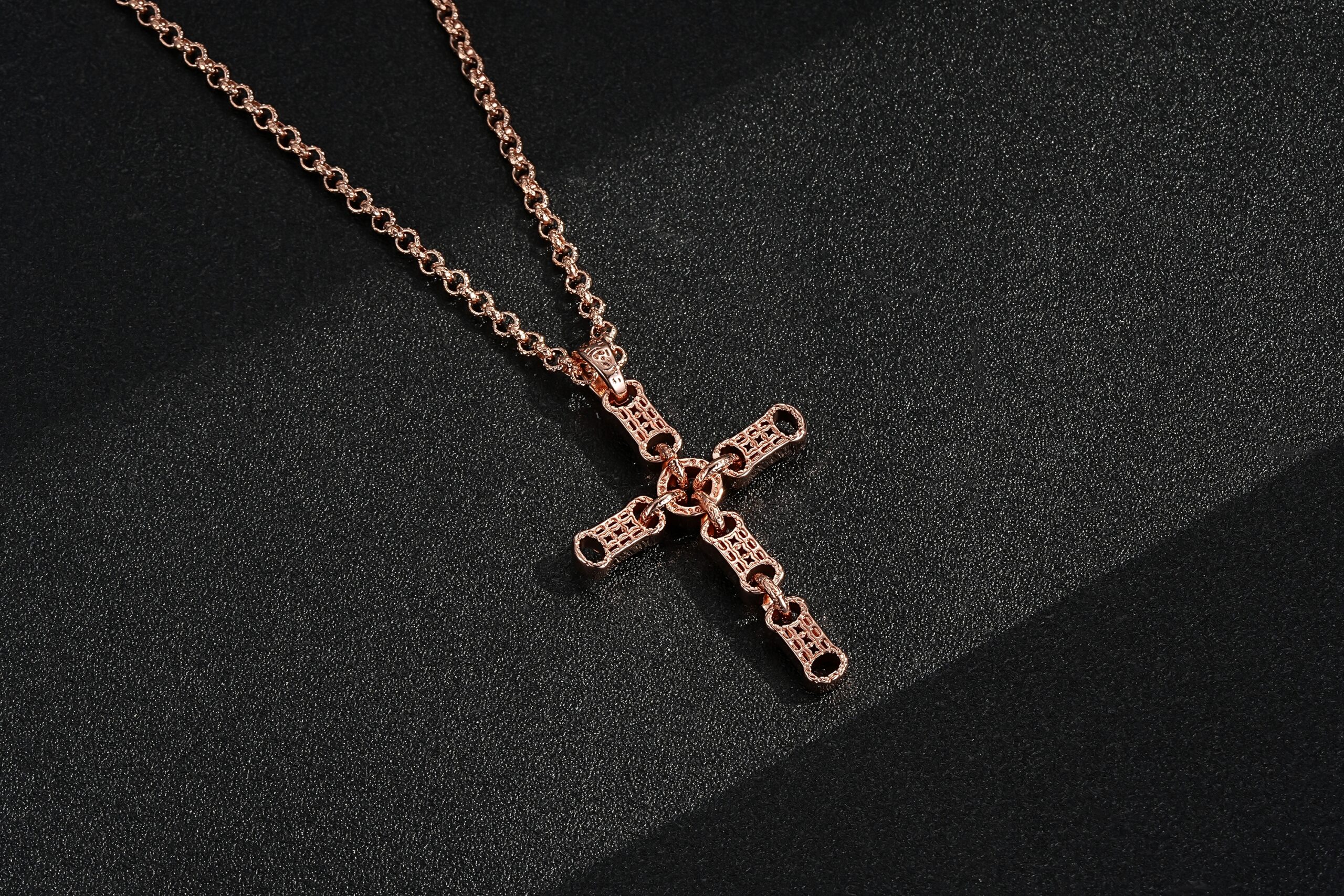 Stars and Bars Cross Pendant with 4mm Belcher Chain – Rose Gold Filled