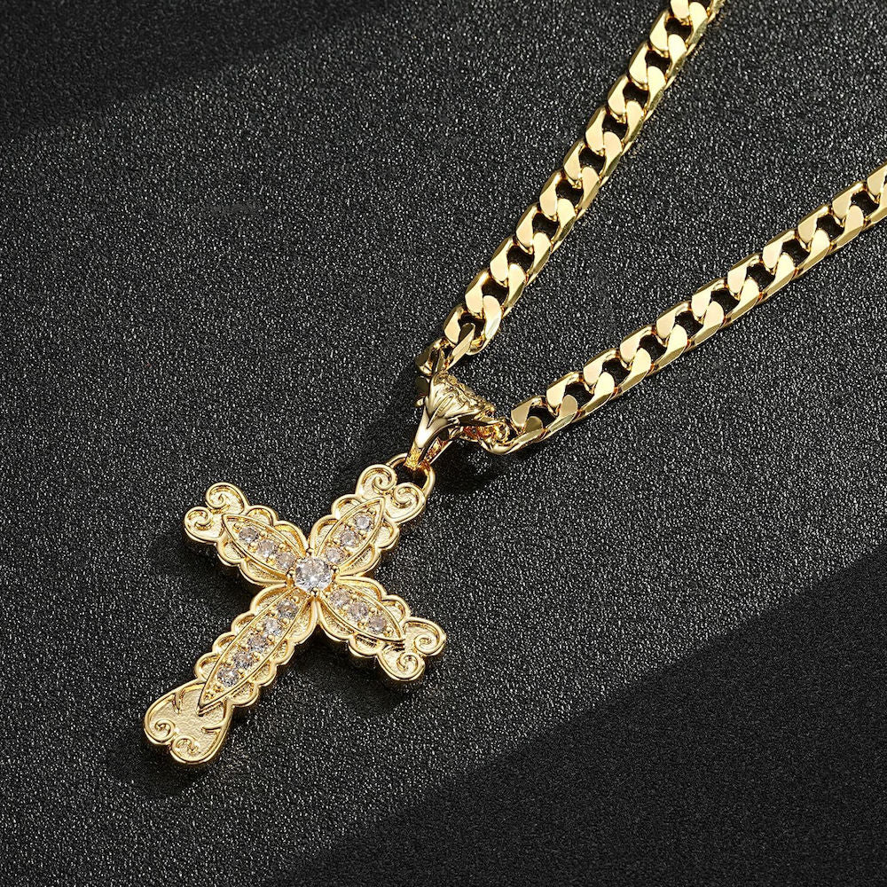 Stunning Gold-Filled Premium Ornate Cross Pendant with 6mm 22-Inch Chain