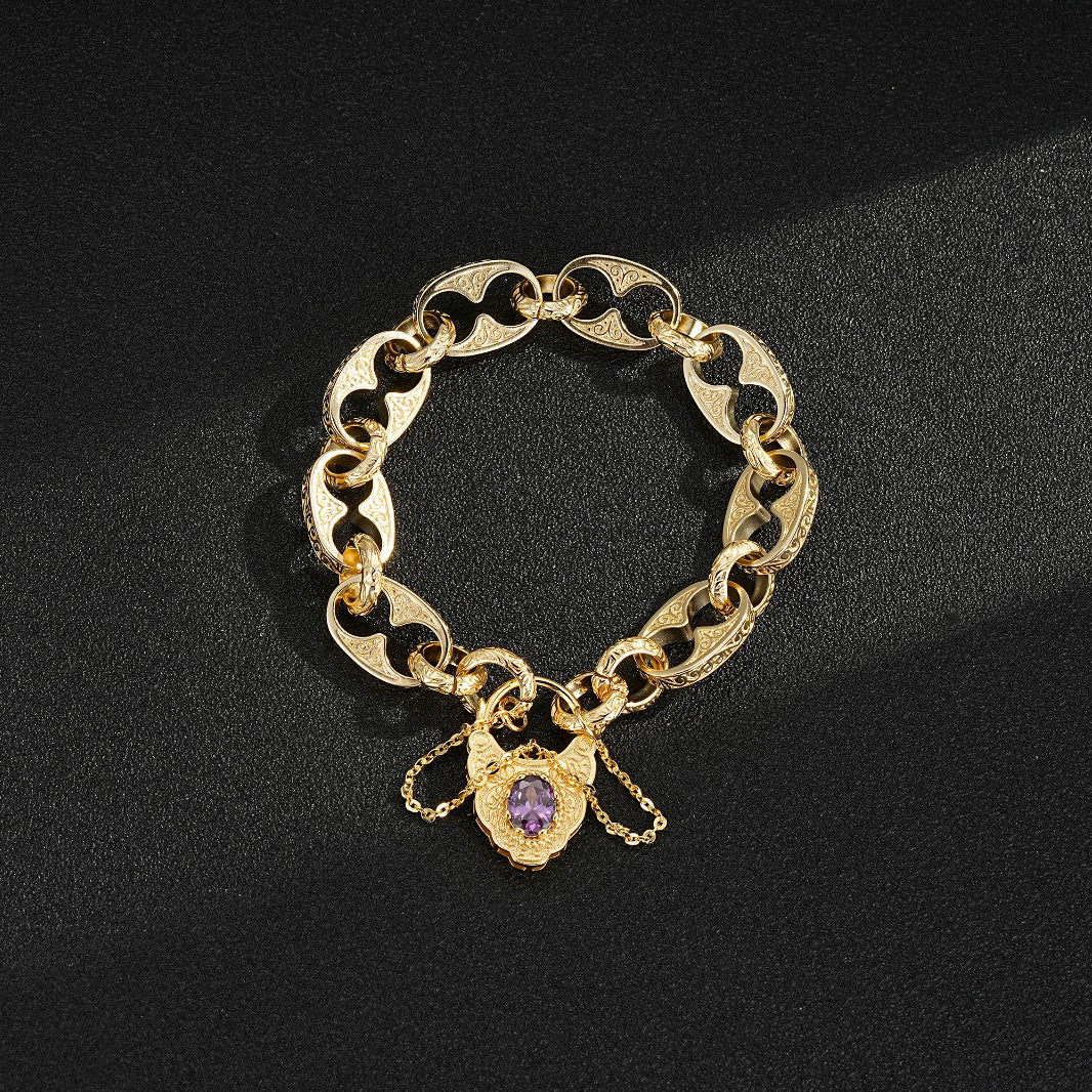 Gold Button Belcher Bracelet with Vintage Purple Padlock